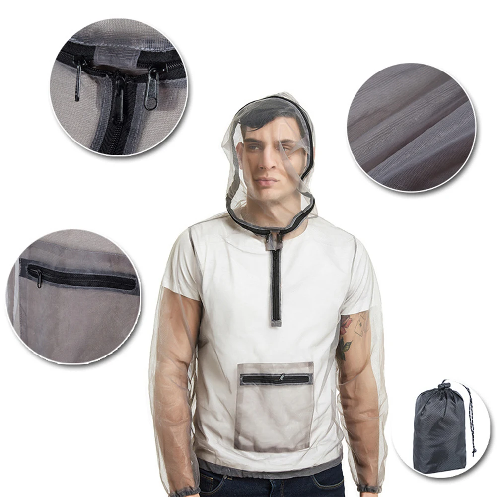 Outdoor Men Fishing Anti-mosquito Fishing Mesh Top clothes Hooded with Storage Bag Long Sleeve Women Jacket Coat Top Suit