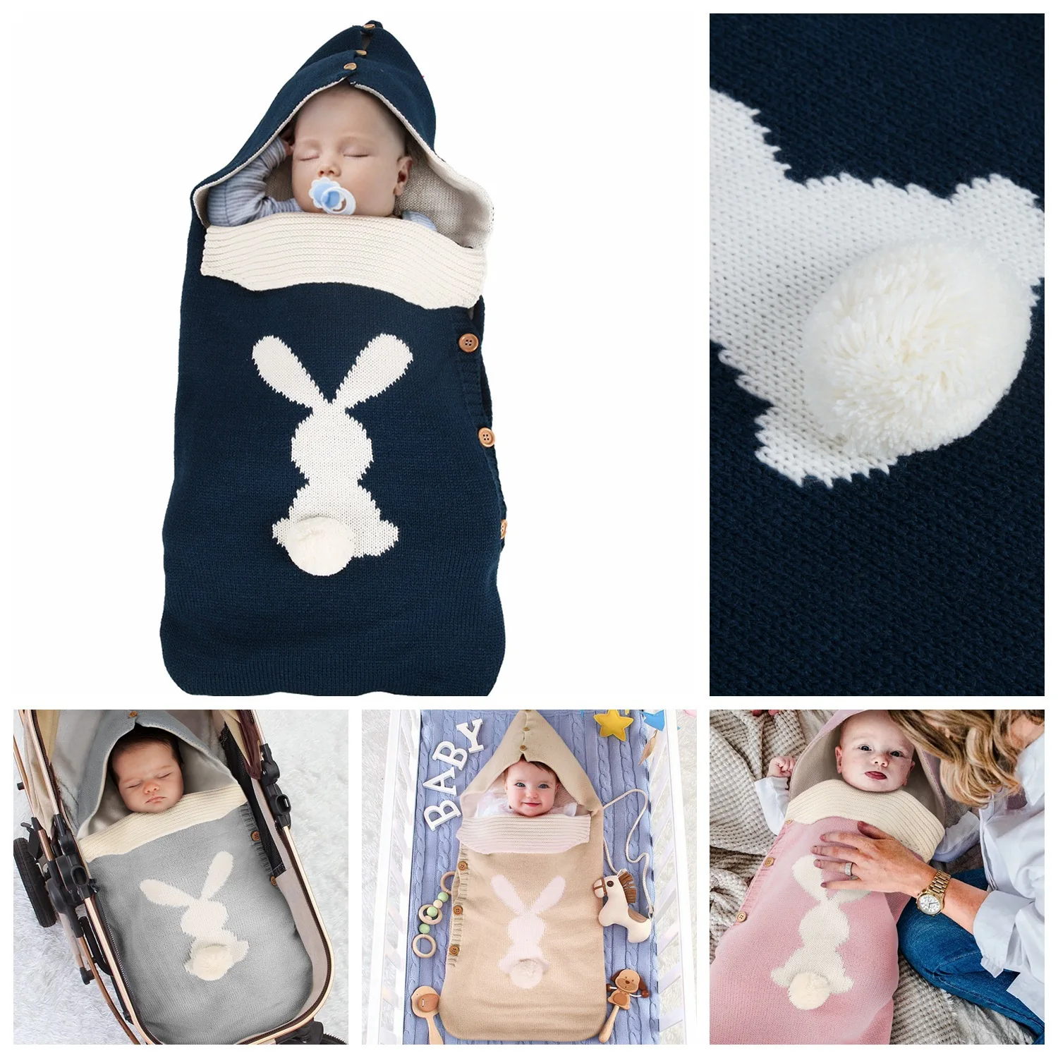 

Baby Wool Knitted Sleeping Bag Newborns Rabbit Plush Tail Button Anti-kick Quilt Sleepsacks Outdoor Stroller Warm SleepSack