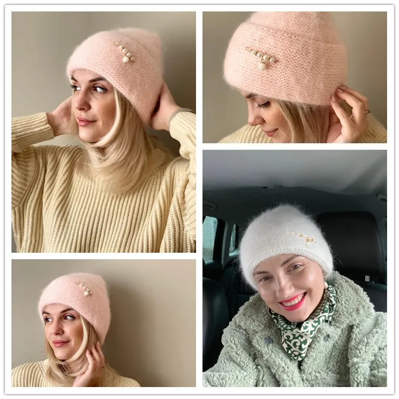 ENJOYFUR Women Winter Warm Knit Hats Real Angora Wool Female Caps Fashion Cuffed Casual Rhinestone Brand Ski Skull Beanies New 6