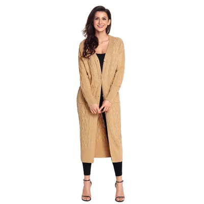 Women Knitted Cardigan Open Stitch Pocket Casual Long Knitwear Cardigans Ladies Long-sleeve Jacket Coat Sweaters AA11916 - Color: Khaki