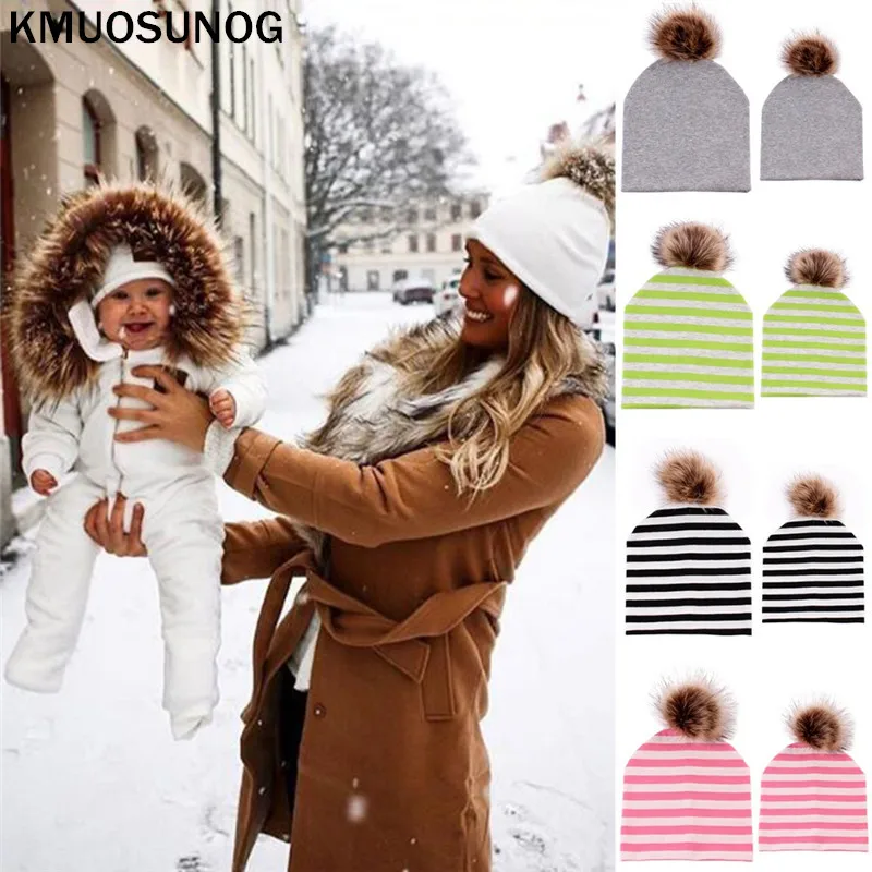 

2Pc/Set Winter Warm Double-Layer Cotton Striped Cap Fur Pompom Ball Beanies Cap Mom Baby Boys Girls Family Matching Hats C0587