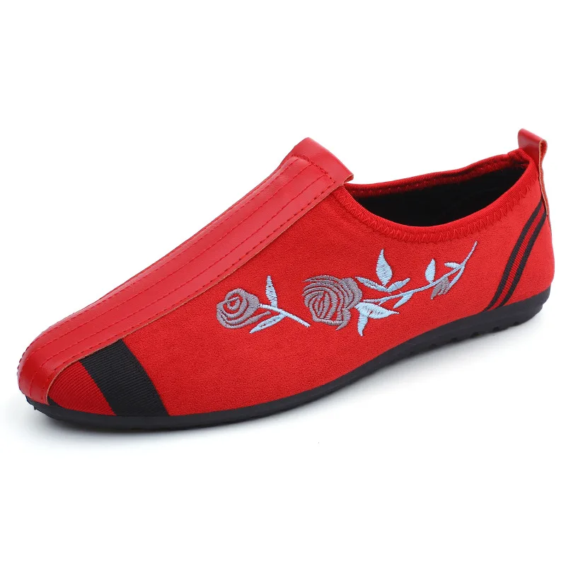 

Moccasins Mens Red Embroidery Rose Loafers Patchwork Faux Suede Plain Round Toe Slip-on Lightweight Driving Shoes Casual Flats