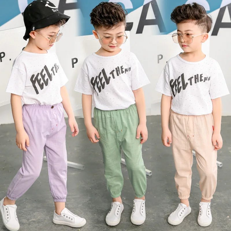 Противомоскитные штаны для мальчиков коллекция года, новые стильные летние детские хлопковые льняные Капри повседневные штаны-фонарики в Корейском стиле для больших мальчиков