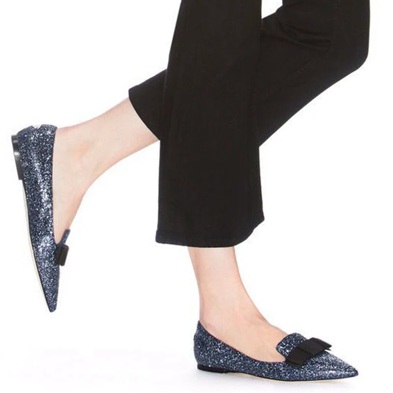 

Glitter Gredient Bling Blling Bowtie Loafers Pointed Toe Sequins Flats Shoes Woman Low out Comfortable Wedding Shoes