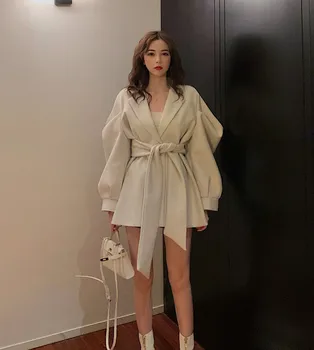 

Korean Temperament Wool Coat Women Elegant Puff Sleeve Tunic Belted Winter Jacket Lady Notched V Neck Woolen Jacket casaco femme