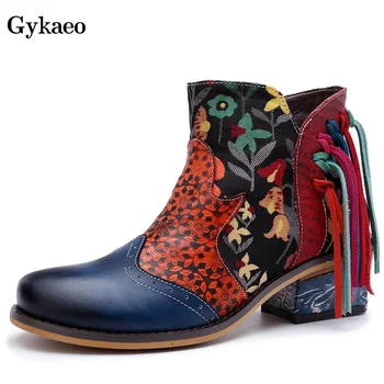 

Gykaeo 2020 Winter Print Flower Women's Genuine Leather Ankle Boots for Women Casual Fashion Low Heels Warm Shoes Botas Mujer