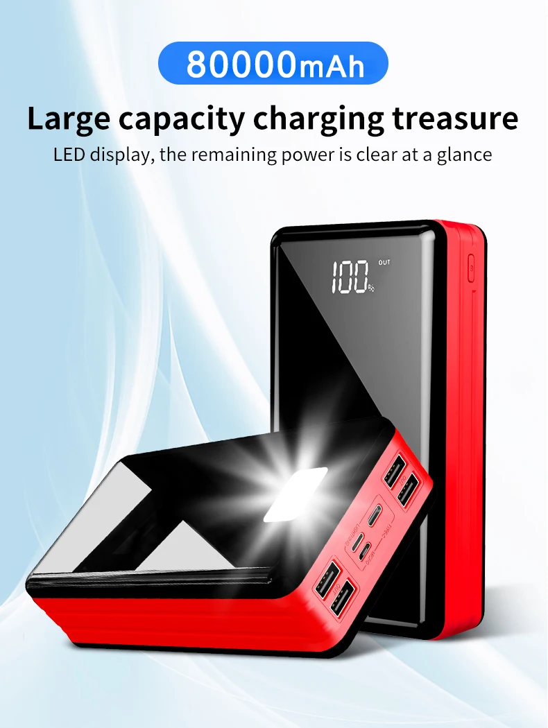 80000MAh High Capacity Power Bank Mobile 4USB Outdoor Travel Portable Fast Charging phong Poverbank for Xiaomi Samsung IPhone13 powerbanks