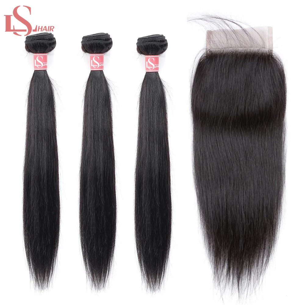 

LS Hair remy human straight hair 3 bundles with lace closure 4*4 brazilian hair extensions lace closure celebrities Kim style