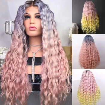 

Aiva Hair New Arrivial Pink Wig Yellow Synthetic Lace Front Wig Heat Resistant Deep Wave Blue Ombre Wigs For Black Women