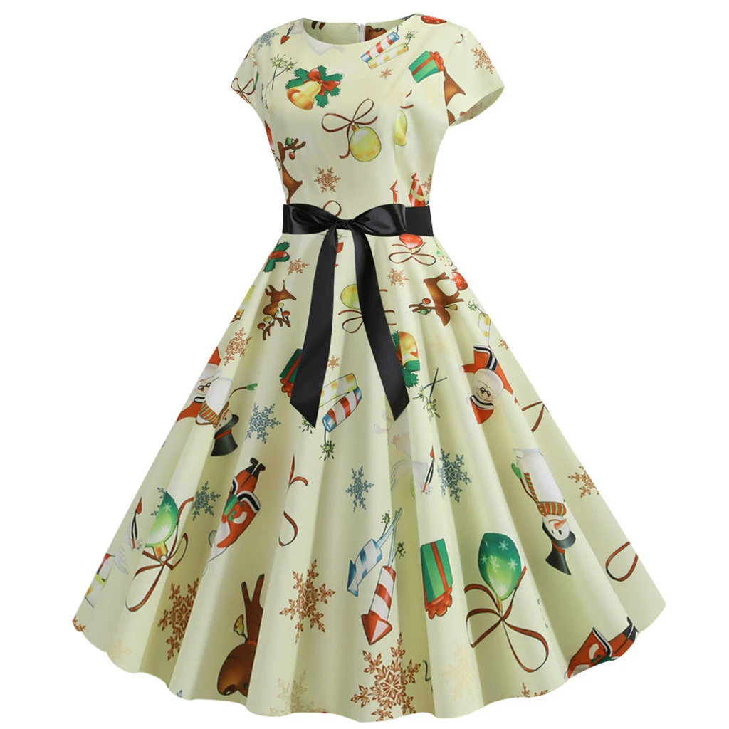JAYCOSIN Fashion Womens Christmas Dress  Santa Claus Stripe Print Vintage Swing Dress Vestido Navidad Mujer Xmas Dress Beige 918