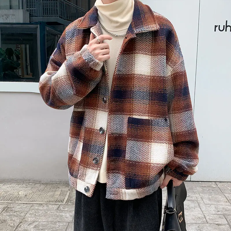 

Autumn Plaid Coat Men's Fashion Retro Casual Woolen Jacket Men Streetwear Loose Korean Short Woolen Coat Mens Overcoat M-5XL