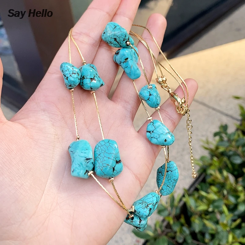 SAY HELLO Boho винтажные Асимметричные бирюзовые камень ожерелья для женщин