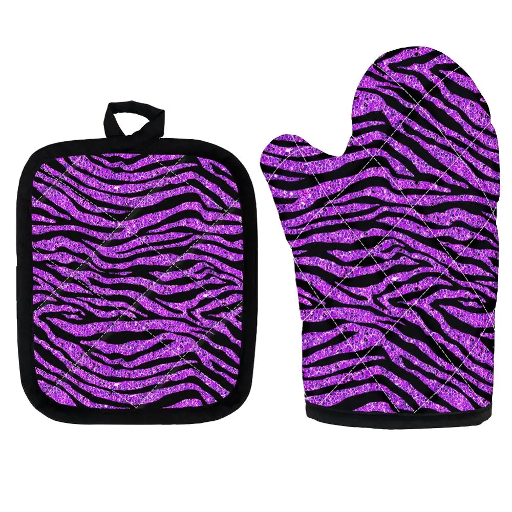 

Fashion Zebra Pattern Purple 2pcs/Set Microwave Oven Gloves Resistant Hot Pads Decorative Kitchen Gift Oven Mitts for BBQ Baking