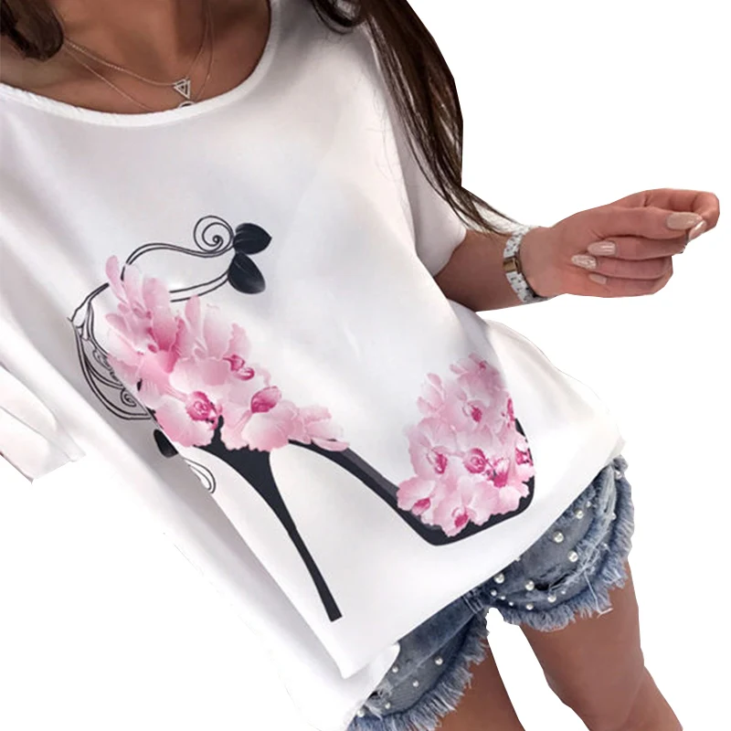 Блузка женская с коротким рукавом на высоком каблуке принтом|blouse tops shirt|loose