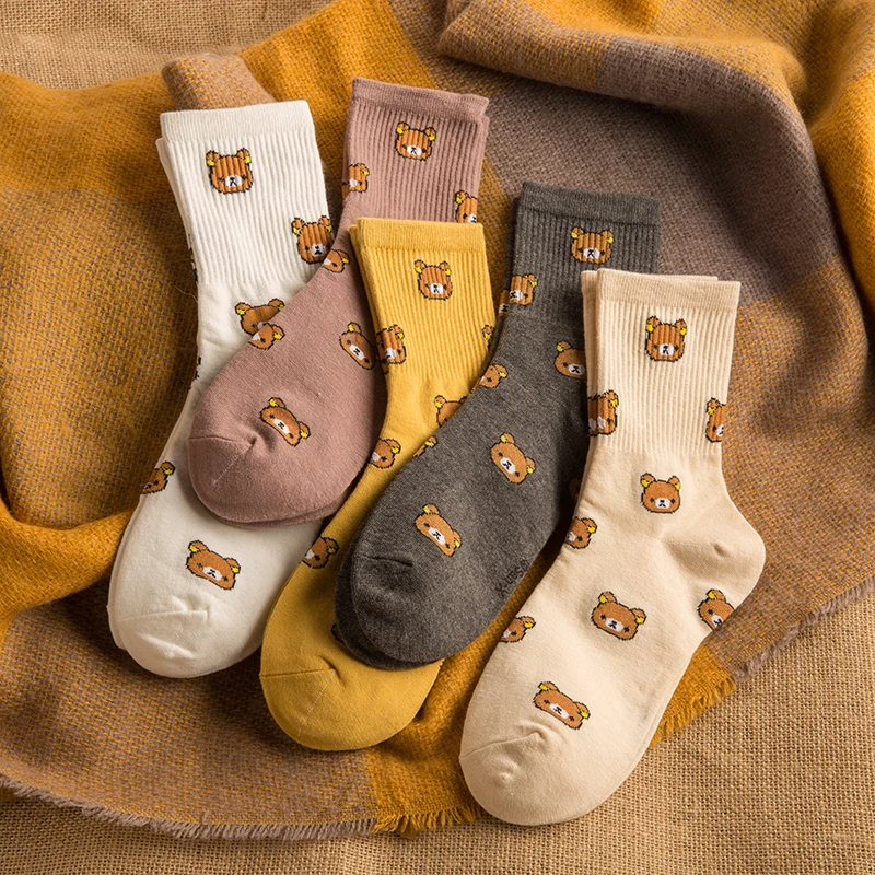 5 пар/лот, корейский стиль, женские милые носки из чесаного хлопка с рисунком Kawai, женские повседневные носки с забавным медведем и милым животным узором