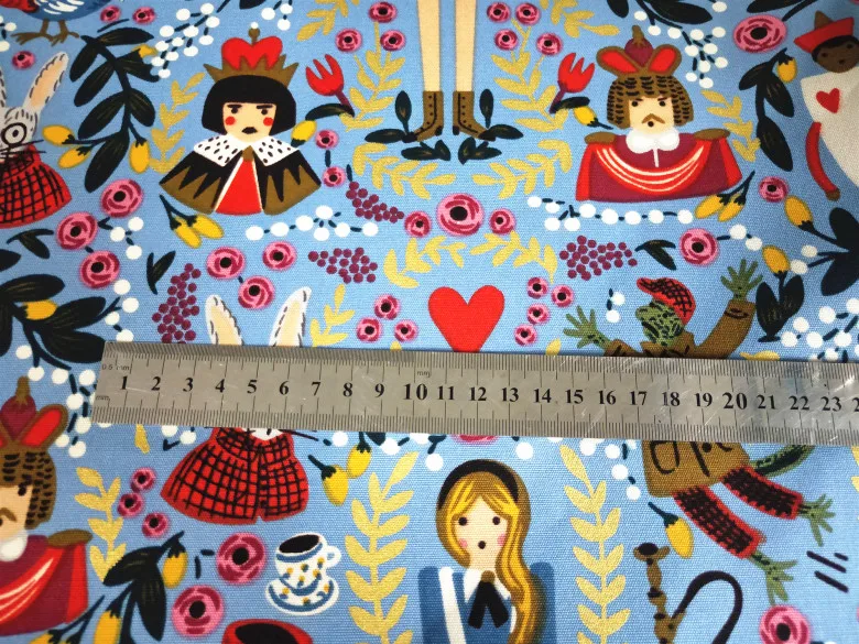 140cm Width Bronzing Alice Dream in Wonderland Blue Cotton Canvas Fabric for Gir Bag Cushion Cover Curtain Table Cloth DIY-BK622