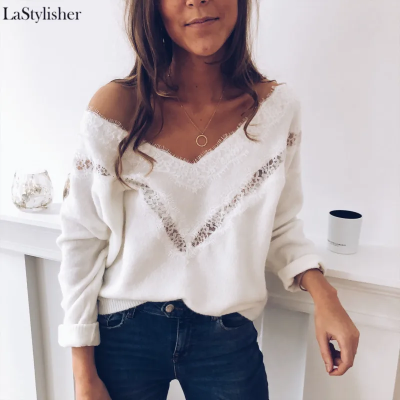 

Lace Hollow Out Knitted Sweater White Long Sleeve Sexy Vneck Casual Female Autumn Sweater Ladies Sweaters Women Winter Fall 2019