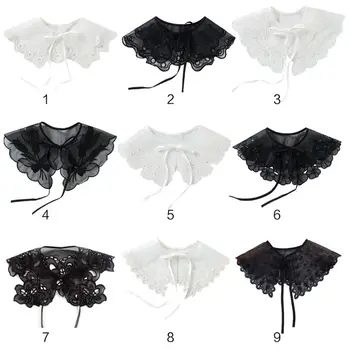 

European Style Women Girls Chiffon Lace Fake False Collar Decorative Double Layer Floral Embroidery Choker Blouse Shawl Bowtie