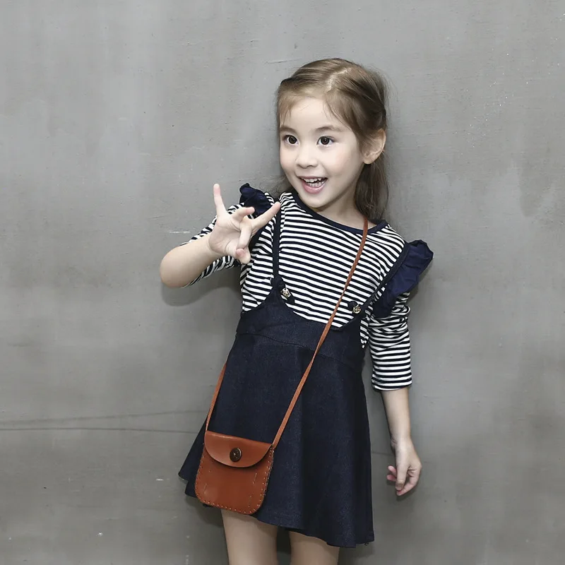 Kid Toddler Girl Skirt Set Ruffle Short Sleeve Striped Crop Shirt Denim A-line Skirt 2Pcs Summer Clothes Set 