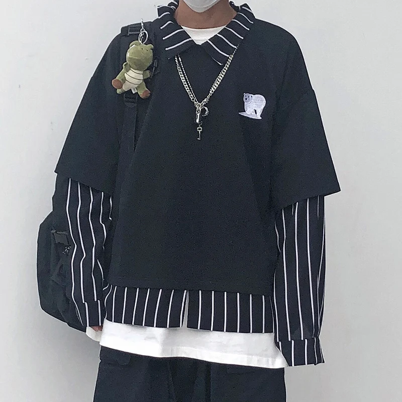 

NYOOLO Harajuku style embroidery fake 2 piece Striped patchwork shirt Autumn streetwear loose long sleeve shirt women men top