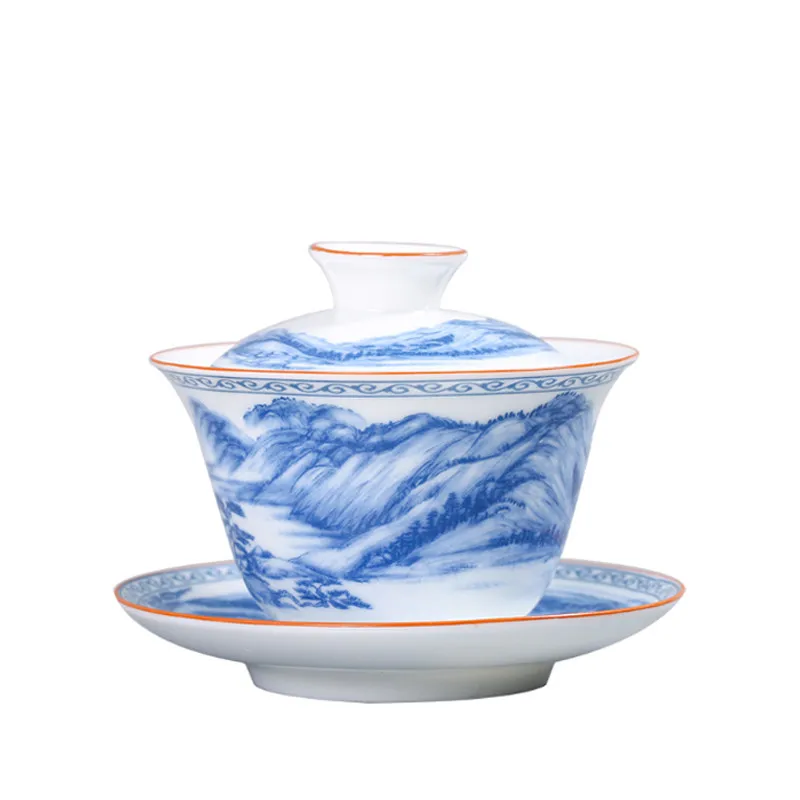 Jingdezhen Gaiwan Tea Set Blue and White Porcelain Tureen Ceramic Cup with Lid Cover Saucer Landscape Tea Bowl Teaware Drinkware