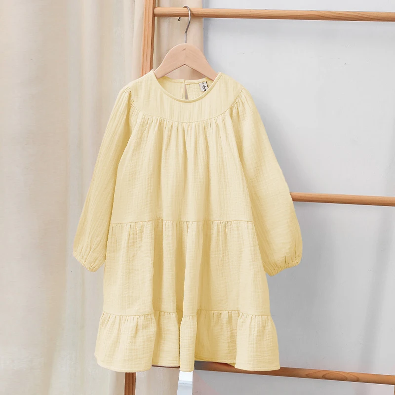 100% Cotton Girls Tiered Ruffle Dress Spring Autumn New Children Casual Loose Long-Sleeve White Sweet Princess Dresses TZ78 fashion baby girl skirt