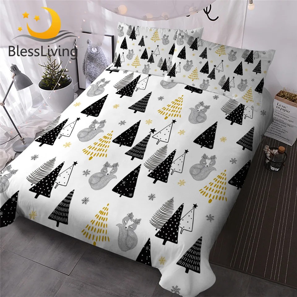 

BlessLiving Christmas Tree Bedding Set for Kids Cartoon Fox Duvet Cover Set Xmas Gift Bed Cover Winter Snowflake Bedspread 3pcs