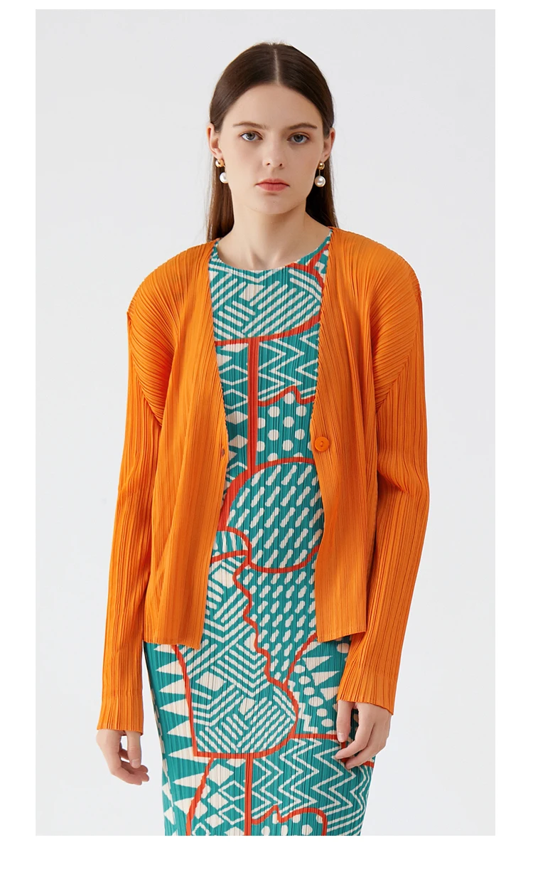 Miyake Pleated Dress Jacket Set Women’s Geometric Printed Long Elegant Crewneck sleeveless midi Vest Dresses and pleats drop-shoulder cropped Jackets Sets for woman in orange green Womens Summer Fall Autumn Japanese Issey Designer Outfits