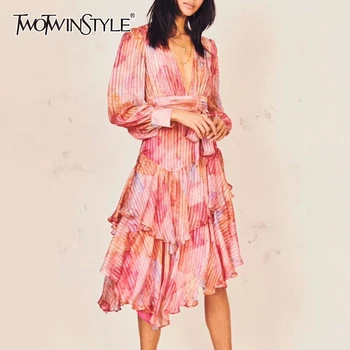 

TWOTWINSTYLE Elegant Print Women Dress V Neck Lantern Long Sleeve High Waist Lace Up Bownot Patchwork Ruffle Midi Dresses Female
