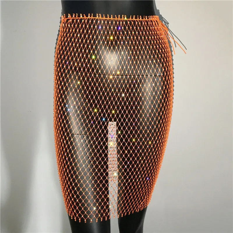 Shiny Rhinestone Fishnet Grid Empire Solid Mini Skirt Summer Beach Sexy Hollow Out Cover Up Luxury Celebrity Above Knee Skirts black midi skirt