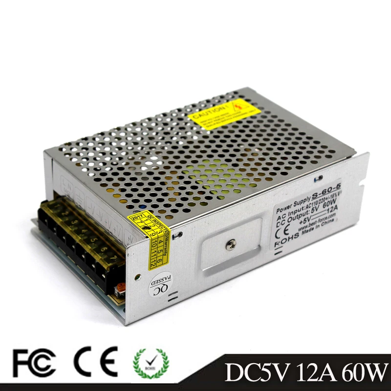 Одиночный выход DC выключатель питания 60 Вт 12A 5 в трансформатор AC110V 220 В DC5V SMPS для Led