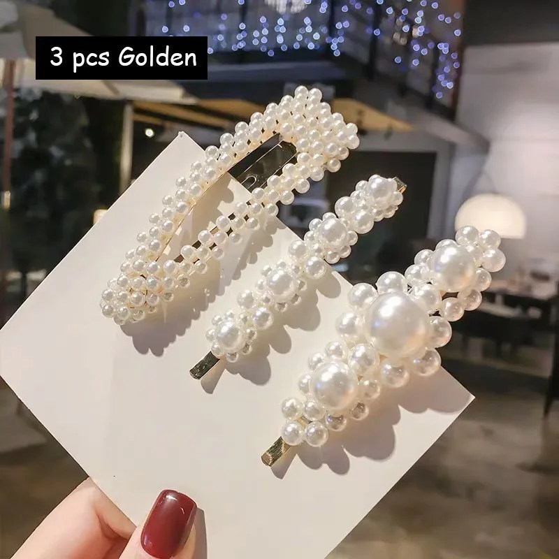 3 pcs Gold 2 Новые корейские заколки с искусственным жемчугом, украшенные бисером, геометрические женские заколки для волос, аксессуары для волос, ювелирные изделия для девочек, модные заколки для волос - Цвет: 3 pcs Gold 2