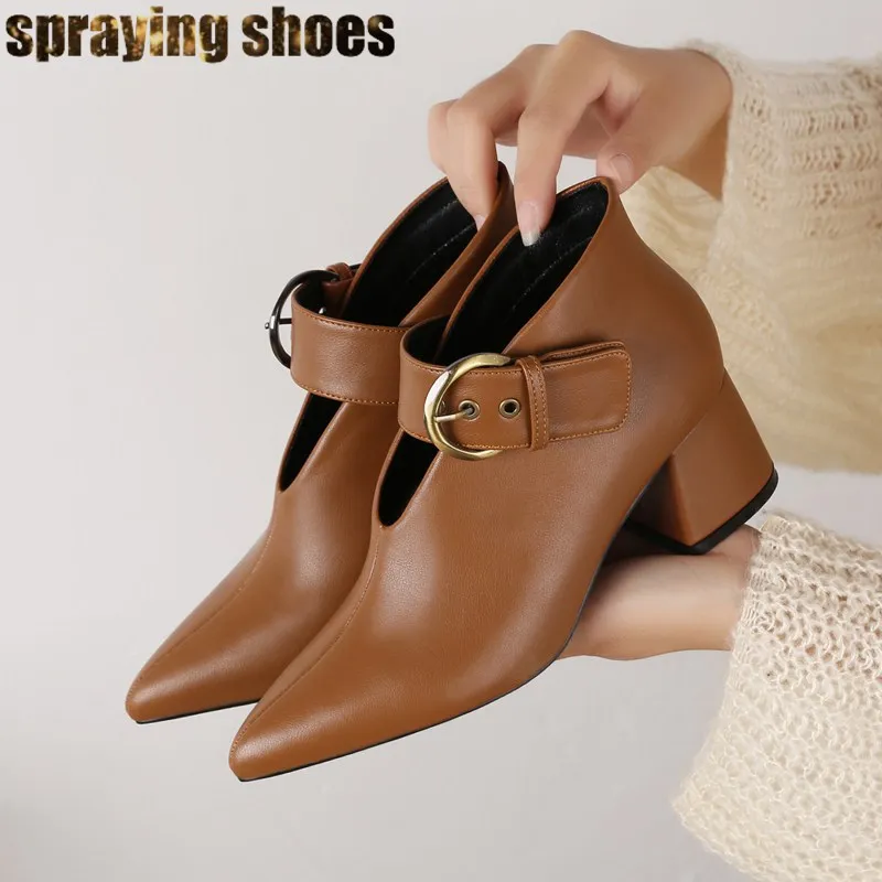

Fashion Pointy Toe Ankle Boots Women Chunky Heel Leather Booties V Cut Design Retro Winter Boots Sexy Shoes Tan/Black/Burgundy