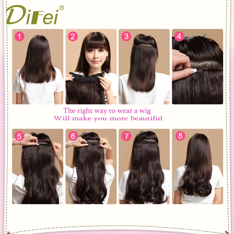 DIFEI 24 inch Long Wavy Clip in one Piece Synthetic Hair Extension Brown Black Heat Resistant Fiber 5 Clips Hairpiece for Women