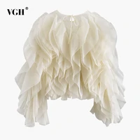 VGH-Chemisiers en mousseline de soie à volants pour femmes, patchwork élégant, col rond, manches longues lanterne, chemise adt, vêtements féminins, mode, été, nouveau, 2022 1