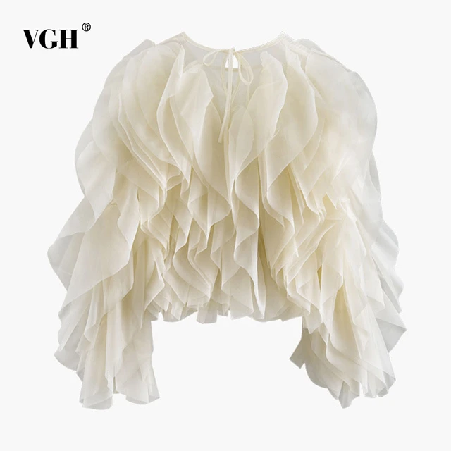 VGH-Chemisiers en mousseline de soie à volants pour femmes, patchwork élégant, col rond, manches longues lanterne, chemise adt, vêtements féminins, mode, été, nouveau, 2022 1