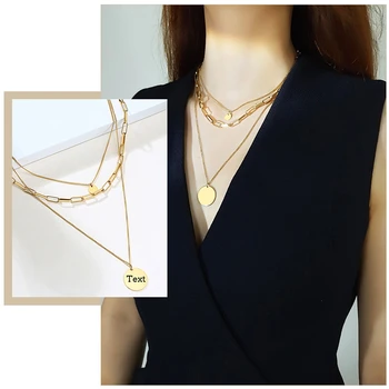 

Trendy Triple Layered Women's Necklaces Rectangle Lara Link Chain Choker Coin Charm Pendant Custom Engrave Female Jewelry
