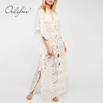 

Ordifree 2020 Summer White Lace Women Long Beach Dress Split Sexy Transparent Maxi Tunic Dress