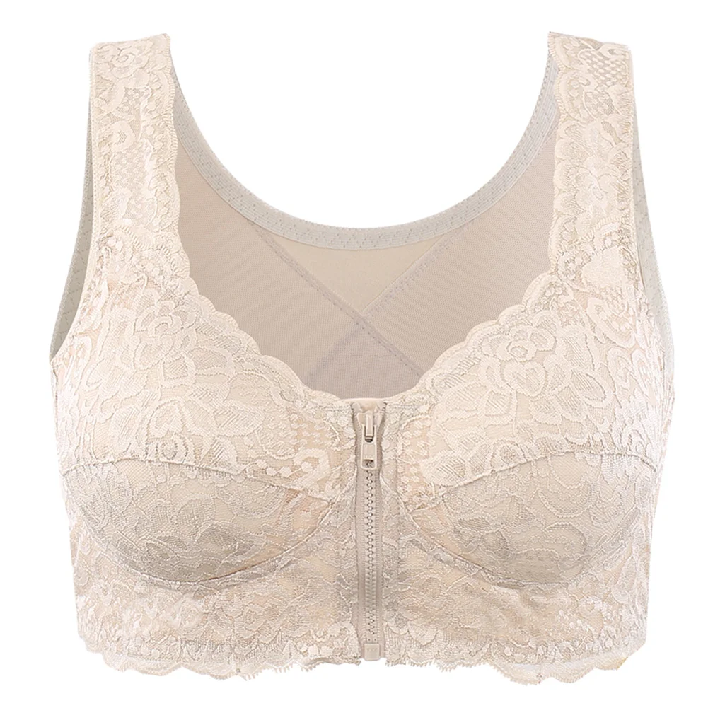 Women Wireless Lace Back Support Bra Front Zipper Closure Full Coverage NIN668