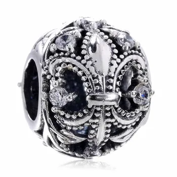 

Authentic 925 Sterling Silver Bead Charm Openwork Fleur De Lis Flower With Crystal Bead Fit Bracelet Diy Jewelry