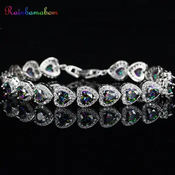 

Rainbamabom 925 Solid Sterling Silver Love Heart Mystic Rainbow Topaz Gemstone Bangle Charm Bracelets Fine Jewelry Wholesale