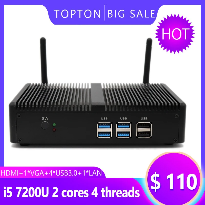 Topton бытовой безвентиляторный мини ПК Intel Core i3 5005U i5 7200U DDR4 16 Гб HD Graphics 620 4K HTPC HDMI VGA