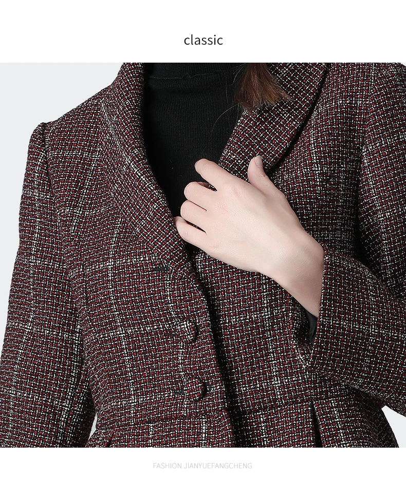Модный женский зимний шерстяной Блейзер, винтажный клетчатый теплый уплотненный пиджак с высокой талией и баской, корейские женские офисные повседневные блейзеры