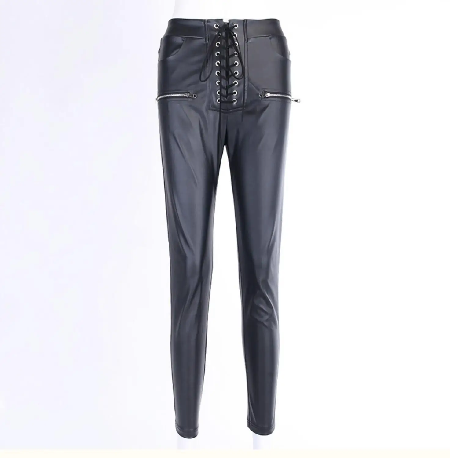 Lace-up Zipper Leather Pants Women 
