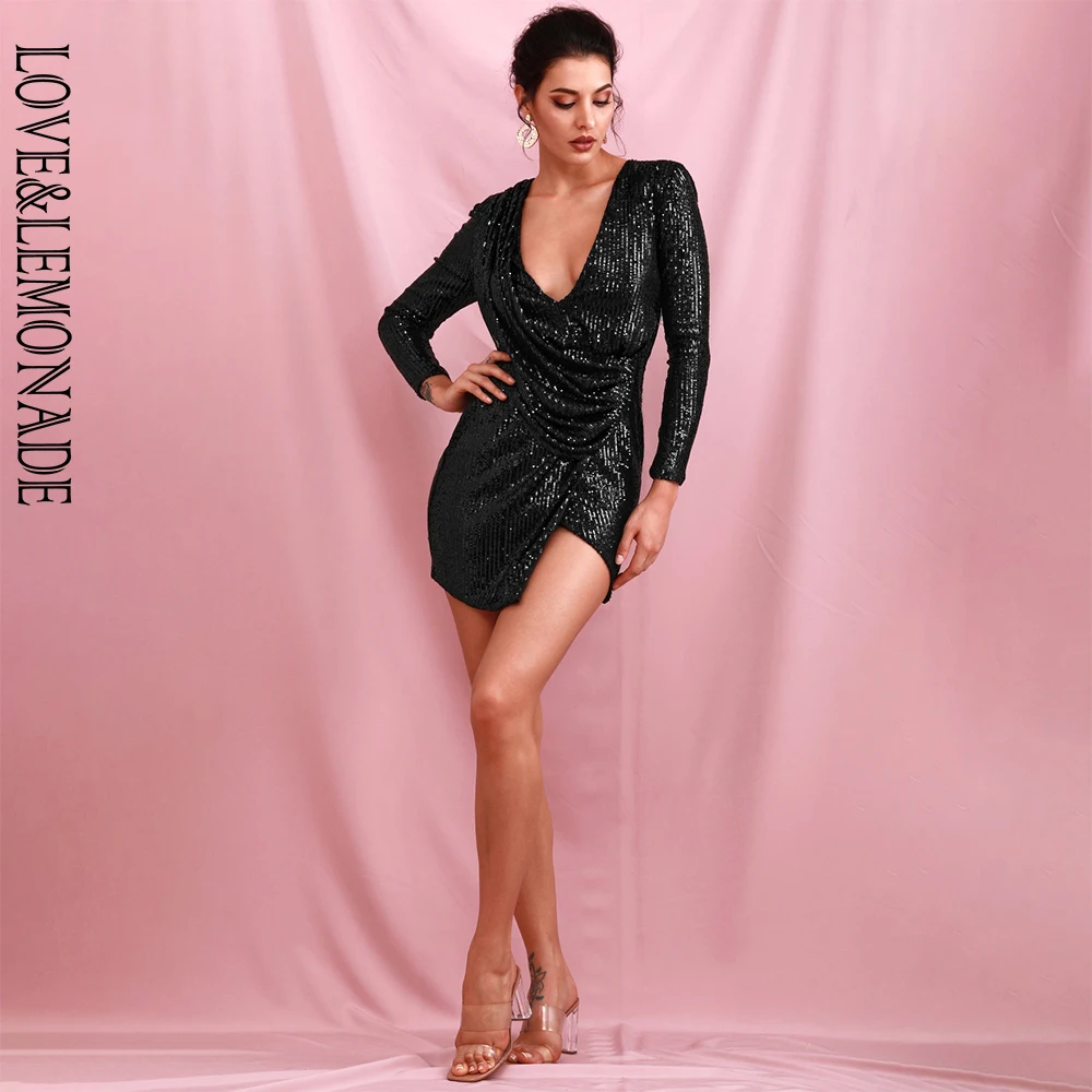 LOVE&LEMONADE Sexy Black Deep V-neck Draped Elastic Sequin Cross Bodycon Long Sleeve Party Mini Dress LM82186 LM82186