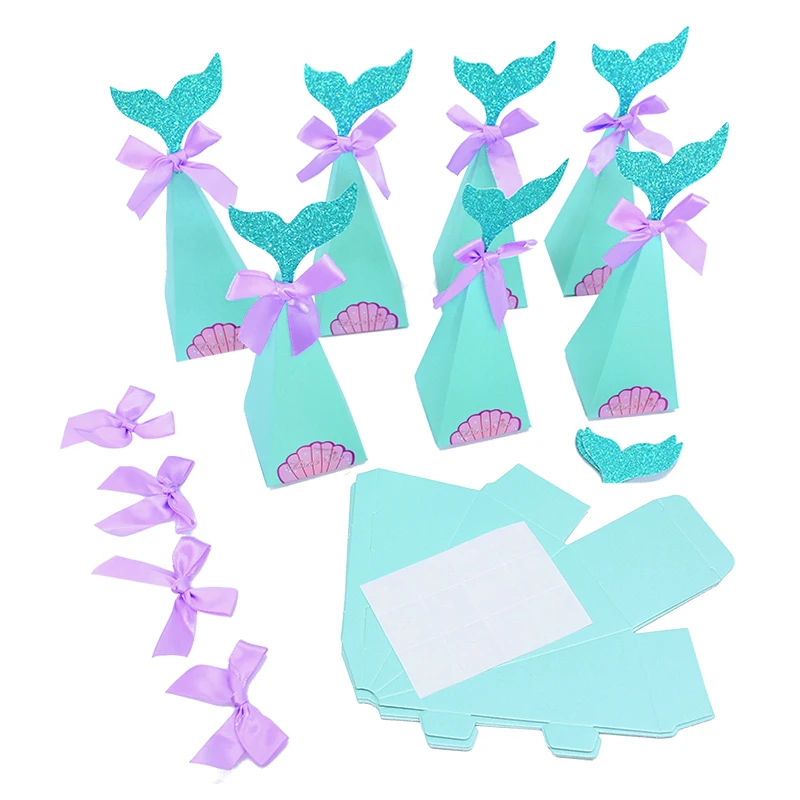 10pcs Mermaid Birthday Party Gift Box Bow Ribbon Paper Candy Box for Kids Birthday Party Baby Shower Decoration Gifts Package