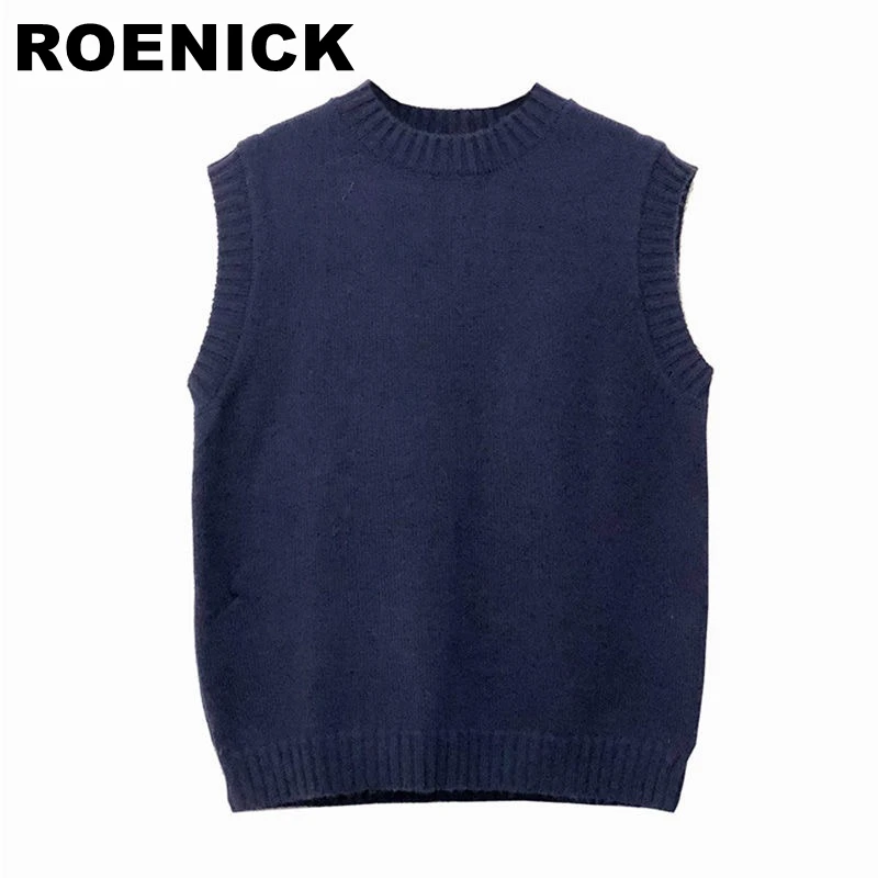 

ROENICK Sweaters Vests Women O-Neck Solid Knitted Sweater Vest Womens Casual Loose Korean Preppy-style Sleeveless Fashion Chic