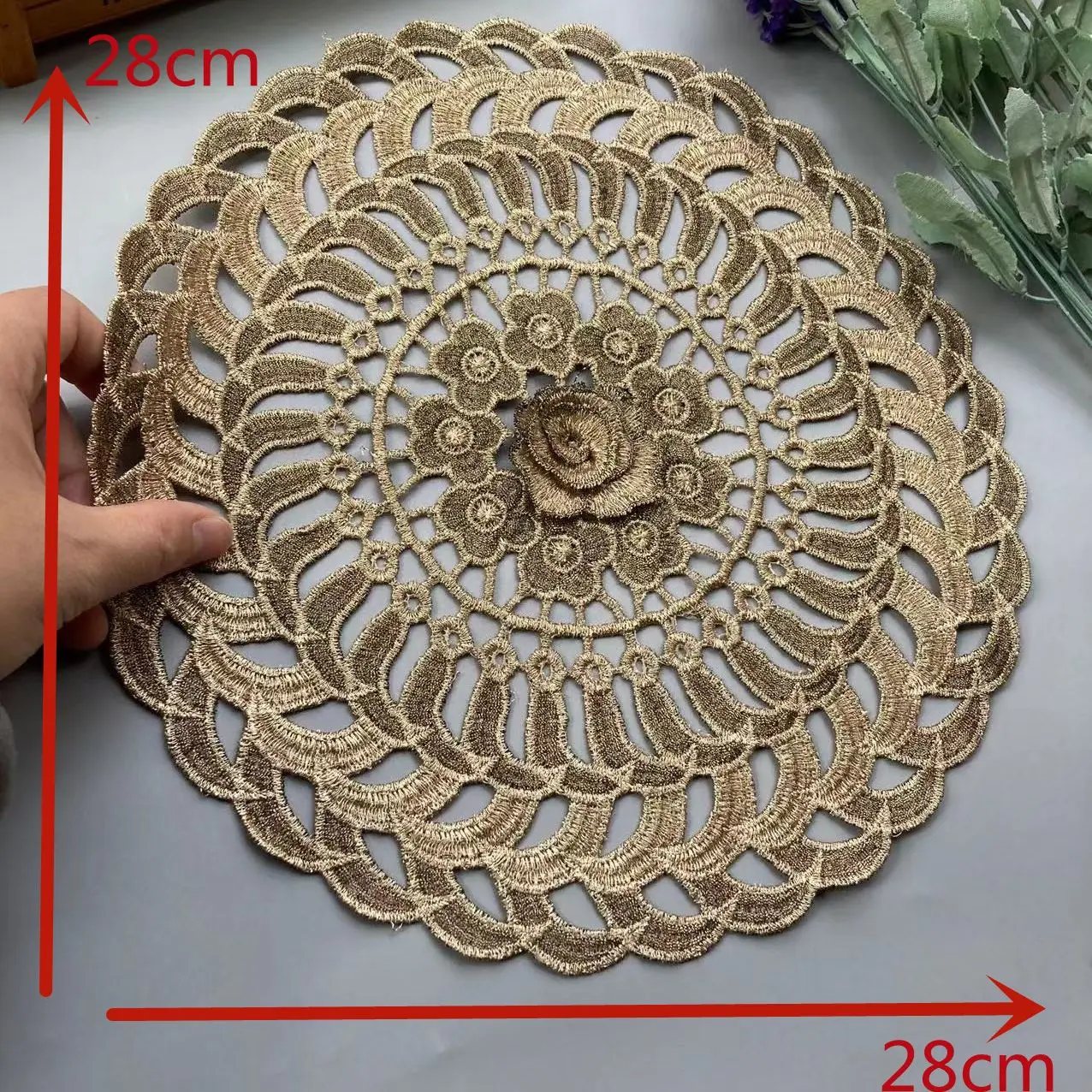 

2 pcs Flower Gold 3D Lace Round Embroidery Table Place Mat Christmas Pad Cloth Placemat Cup Mug Wedding Coaster Doily Kitchen