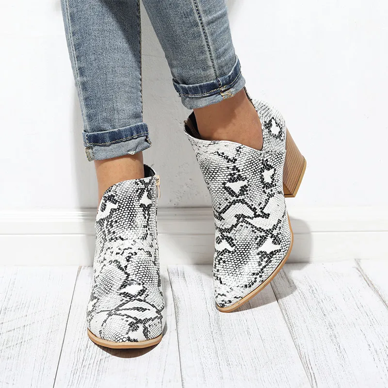 Zapatos de otoño para mujer, botines de piel de serpiente, tacones de bloque 2020, cuero Pu, moda, cremallera, Botas para mujer, puntiagudos, calzado femenino
