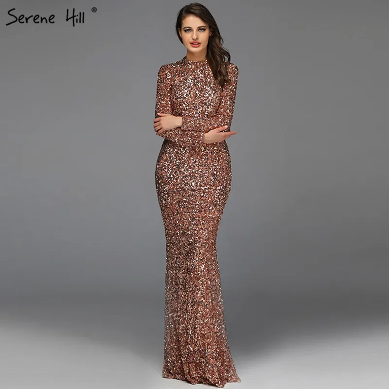 

Muslim Rose Gold High Neck Luxury Prom Dresses 2019 Latest Design 3D Sequined Long Sleeves Evening Gowns DLA60851